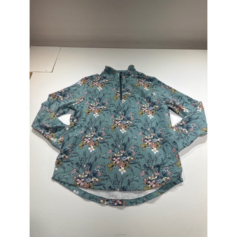 Vera Bradley Teal Floral Quarter Zip Pullover Mock Neck Sweatshirt Womens Medium